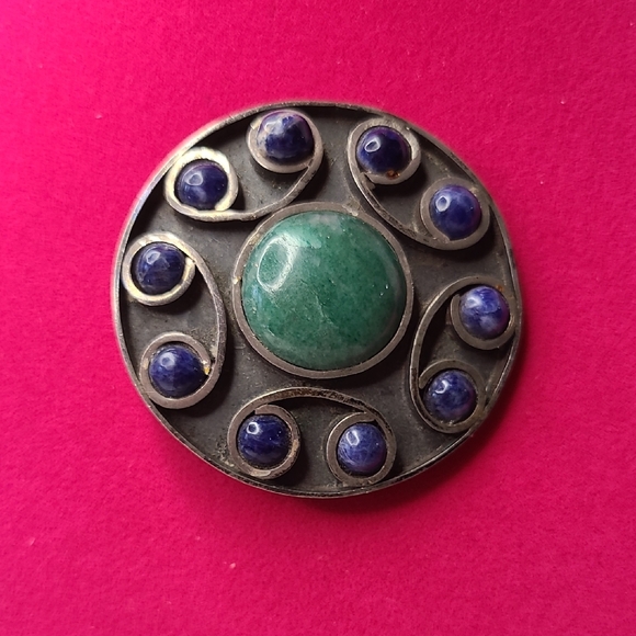 Sterling Jewelry - Vintage Mexican Sterling Silver Aventurine and Lapis Brooch